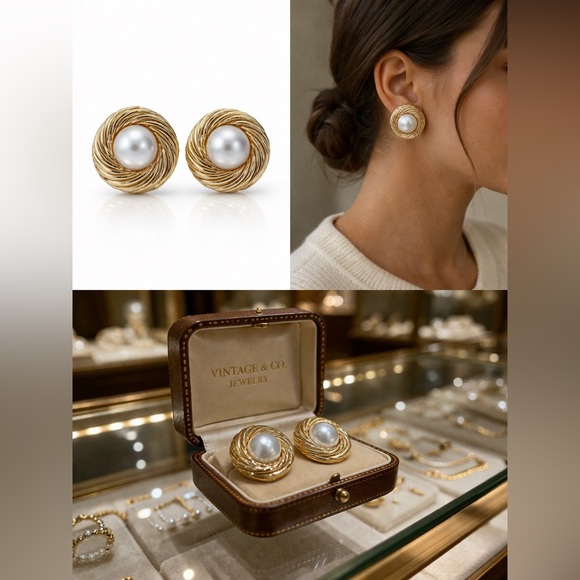 80’s Vintage Jewelry - ✨🤍Vintage Gold Tone Swirl Pearl Clip-On Earrings | Classic Statement🤍✨